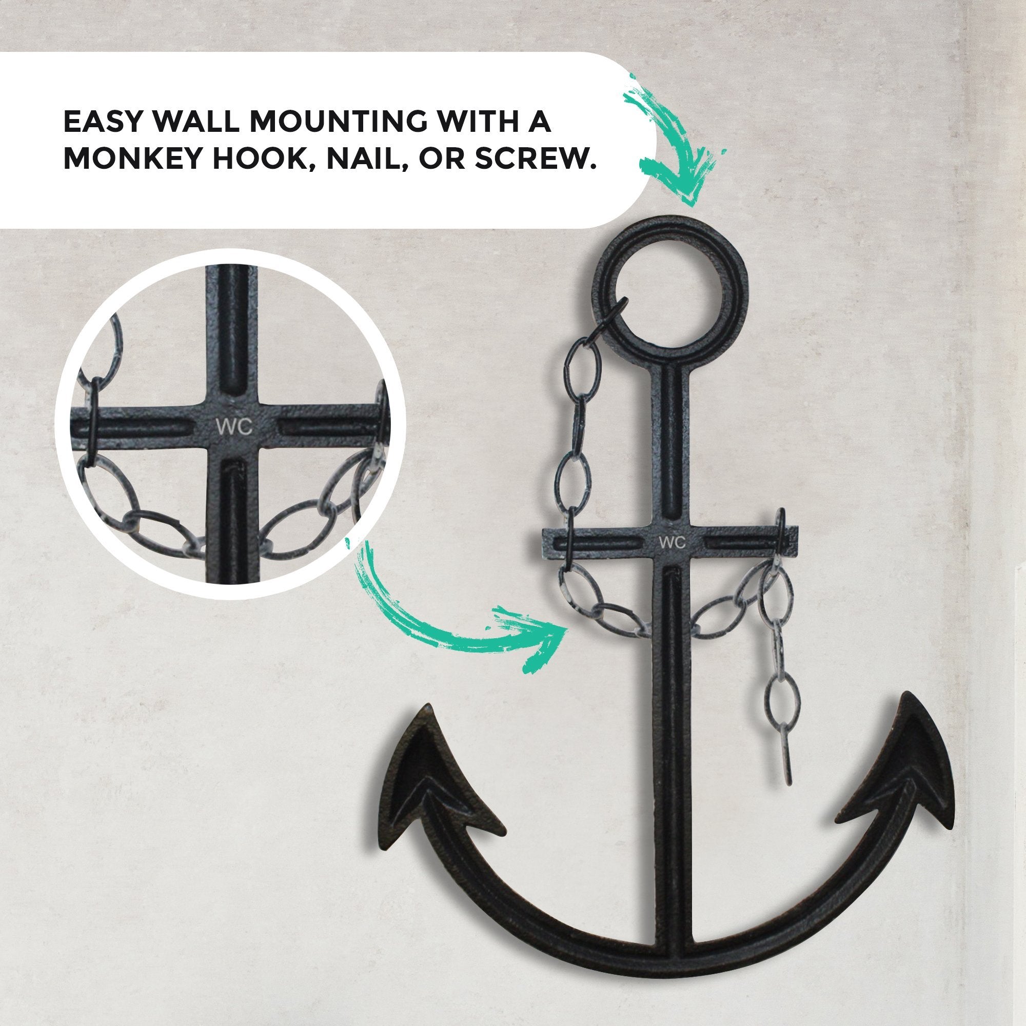 Rustic Marineblau Anchor Wanddekoration - 16' Gusseisen Nautical Wandkunst, Coastal Beach House Dekor, Hand-Finished
