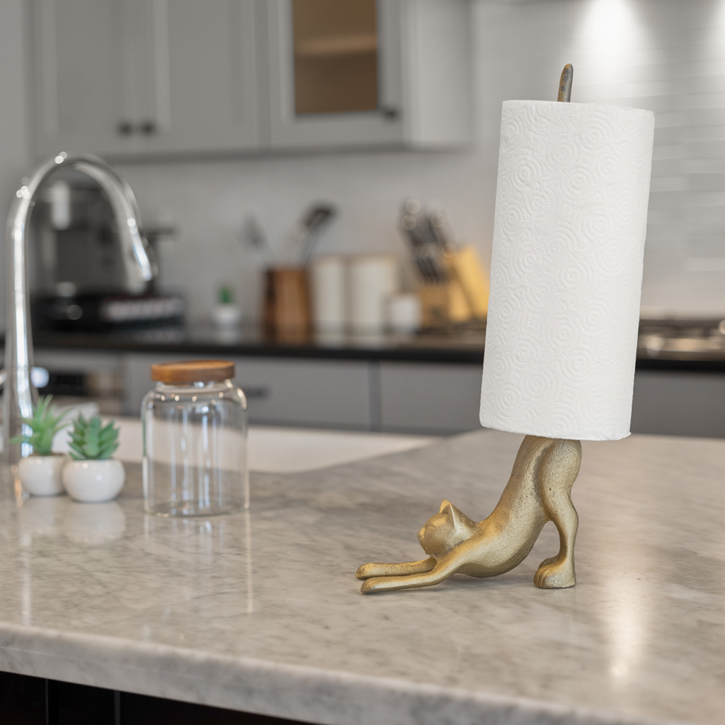 Gold Cat Paper Towel Holder & Toilet Paper Stand - 17' Gusseisen Freistehende Küche & Badezimmer Dekor, schwere No-Tip Holder