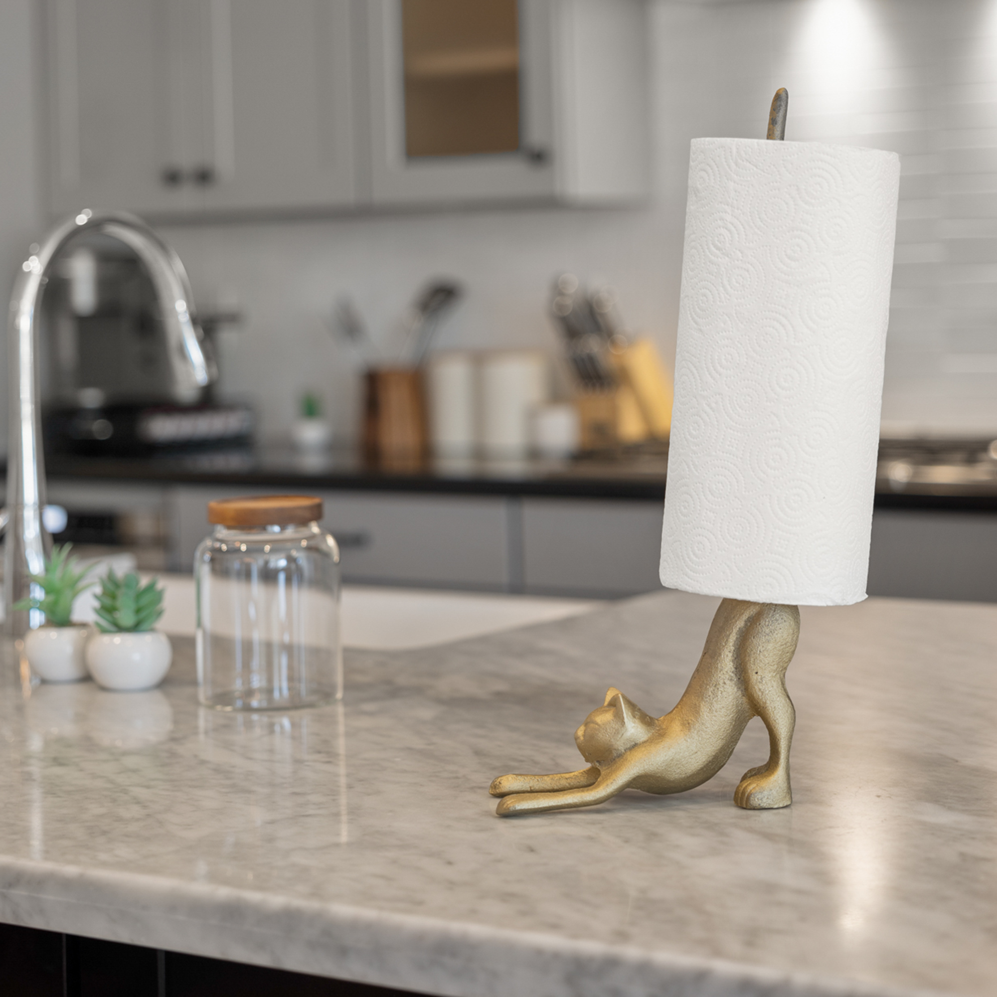 Gold Cat Paper Towel Holder & Toilet Paper Stand - 17' Gusseisen Freistehende Küche & Badezimmer Dekor, schwere No-Tip Holder