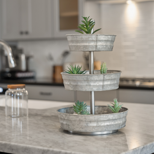 3 Tier Galvanized Round Metal Tray, 18'
