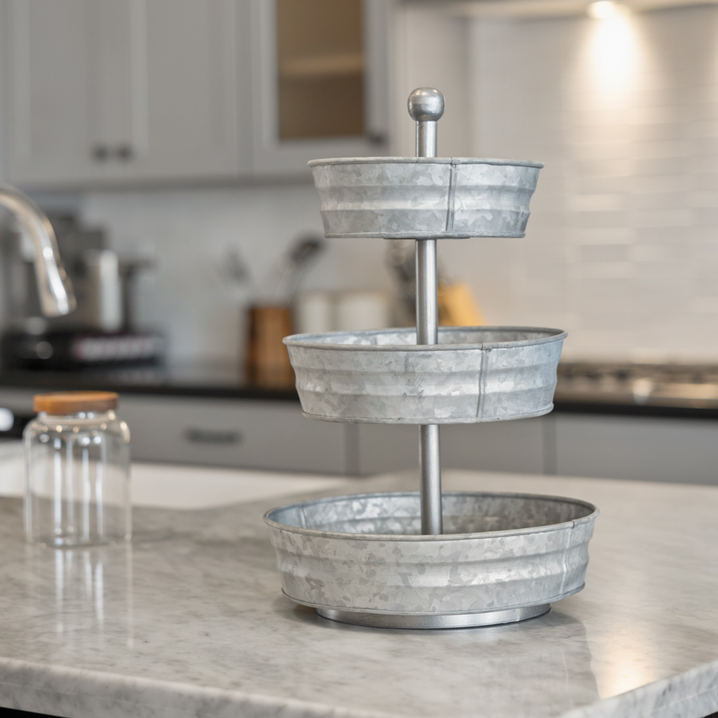 3 Tier Galvanized Round Metal Tray, 18'