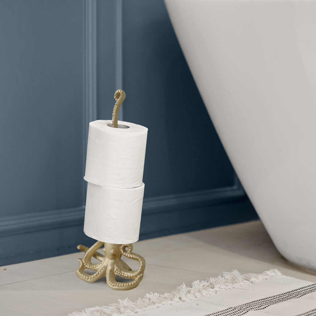 Gold Octopus Paper Towel Holder & Toilet Paper Stand - 16.5' Gusseisen Freistehende Küche & Badezimmer Dekor, schwere No-Tip Holder