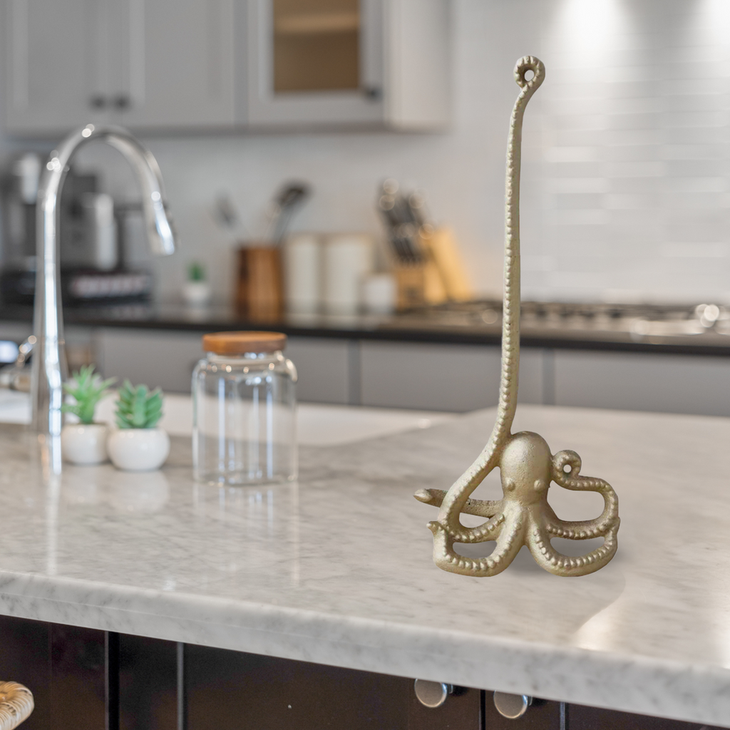 Gold Octopus Paper Towel Holder & Toilet Paper Stand - 16.5' Gusseisen Freistehende Küche & Badezimmer Dekor, schwere No-Tip Holder