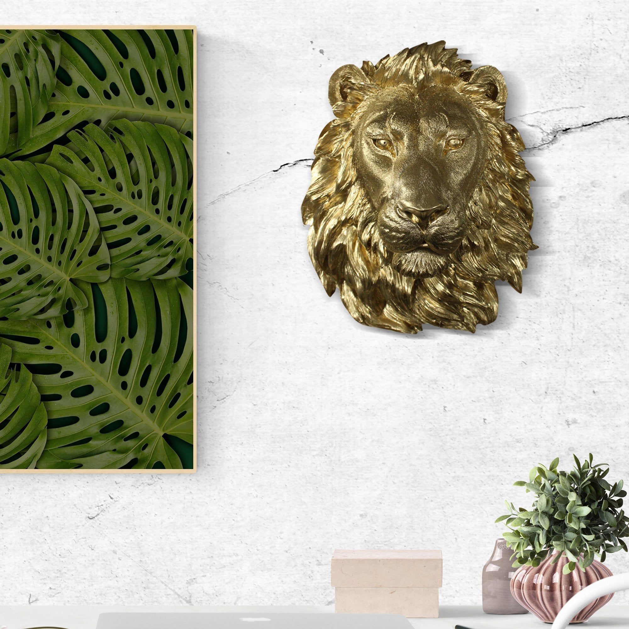 Große Gold Lion Wall Dekor - 17 'Faux Lion Head Wand Art, Handbemalte Erklärung Wand Mount