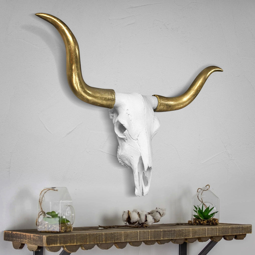 Large Weiß + Gold Faux Longhorn Skull, 27,5'