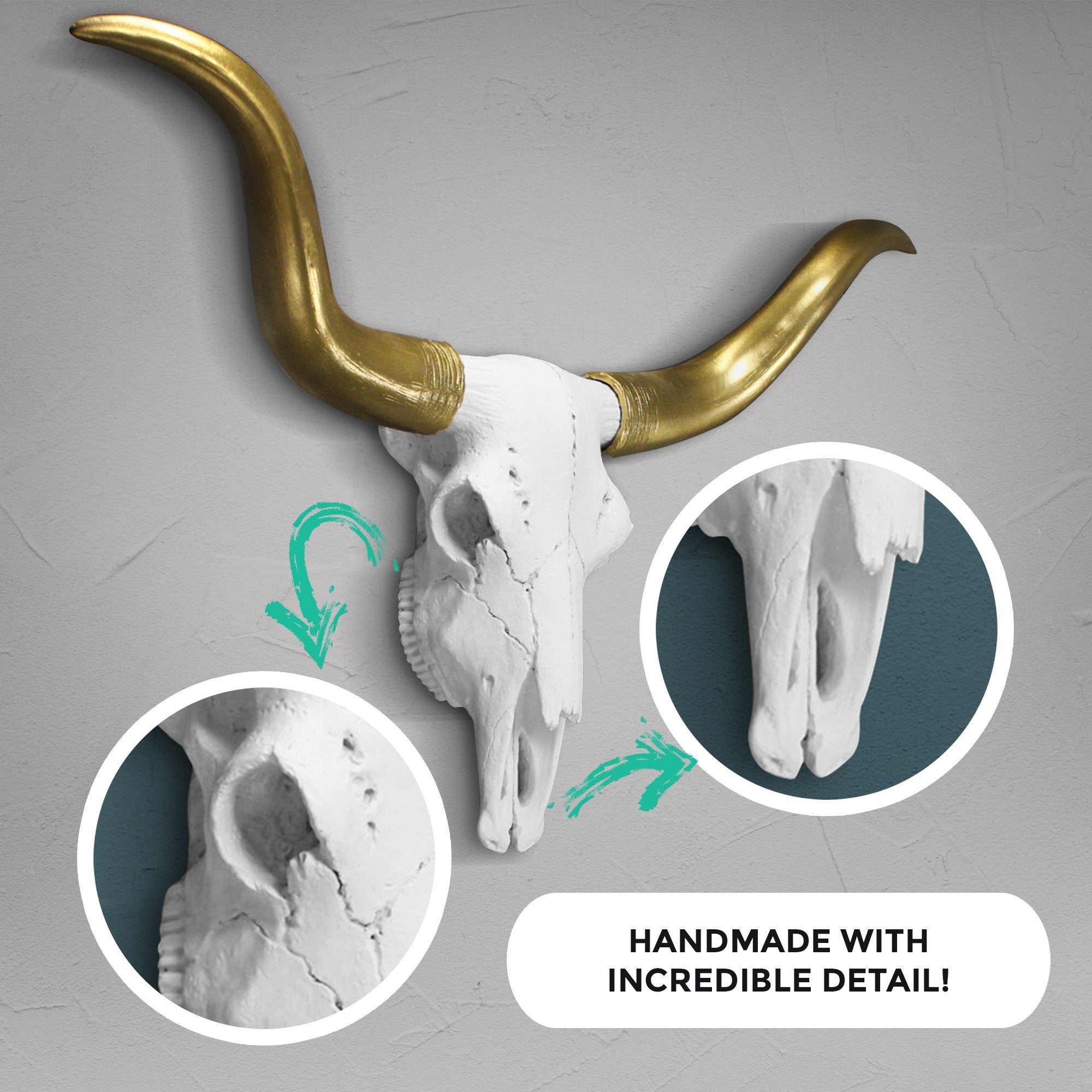 Weiß + Gold Mini Faux Longhorn Skull, 20'