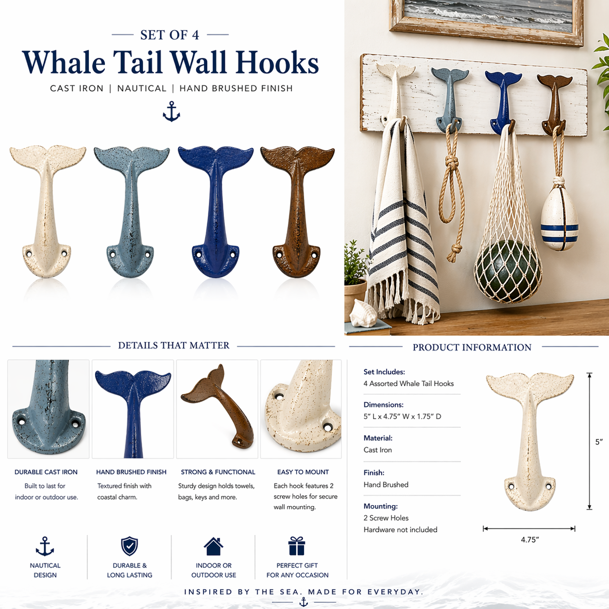 4er-Set Walschwanzwandhaken - Gusseisen Nautical Beach House Dekor