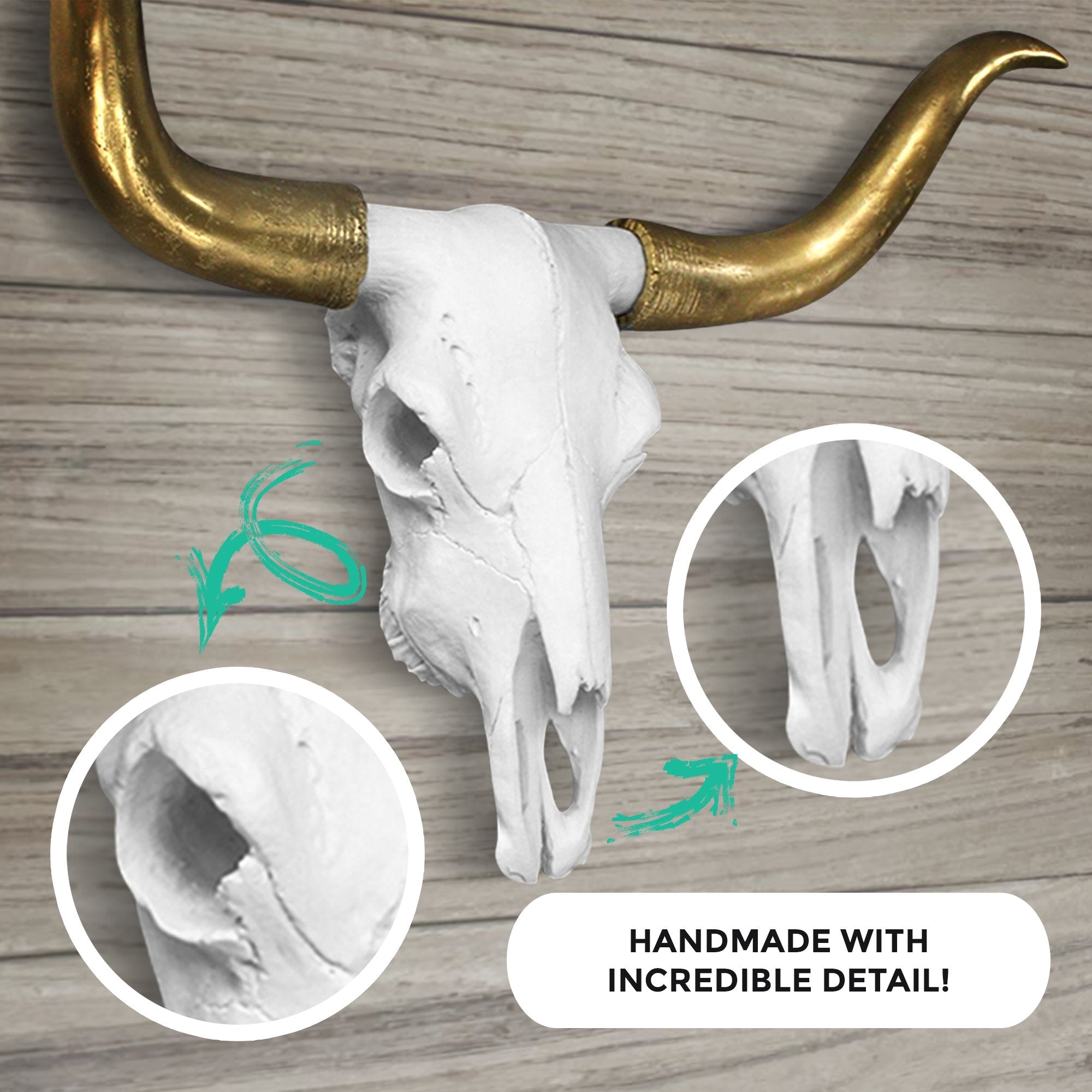 Large Weiß + Gold Faux Longhorn Skull, 27,5'