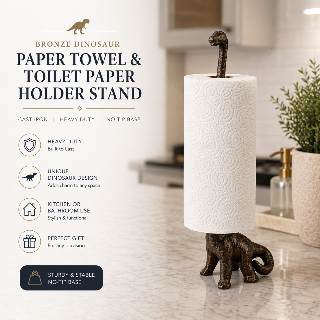 Bronze Dinosaur Papier Handtuchhalter & Toilettenpapierständer - 14' Gusseisen Freistehende Küche & Badezimmerdekoration, schwere No-Tip-Halterung
