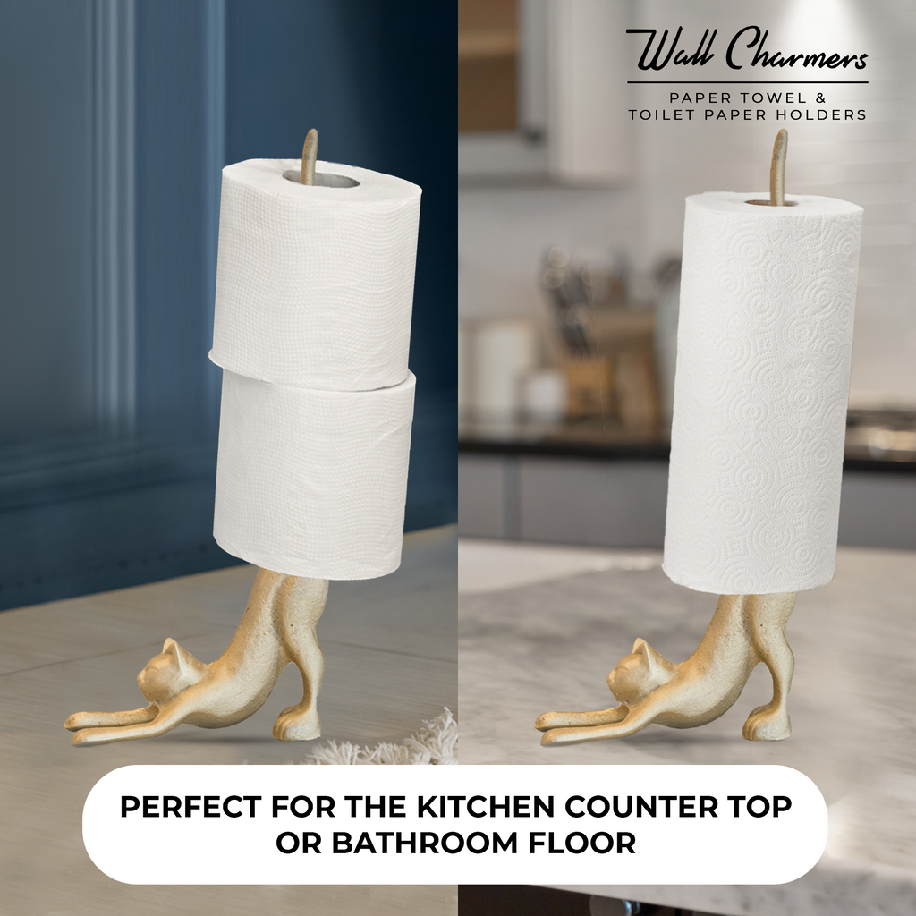 Gold Cat Paper Towel Holder & Toilet Paper Stand - 17' Gusseisen Freistehende Küche & Badezimmer Dekor, schwere No-Tip Holder