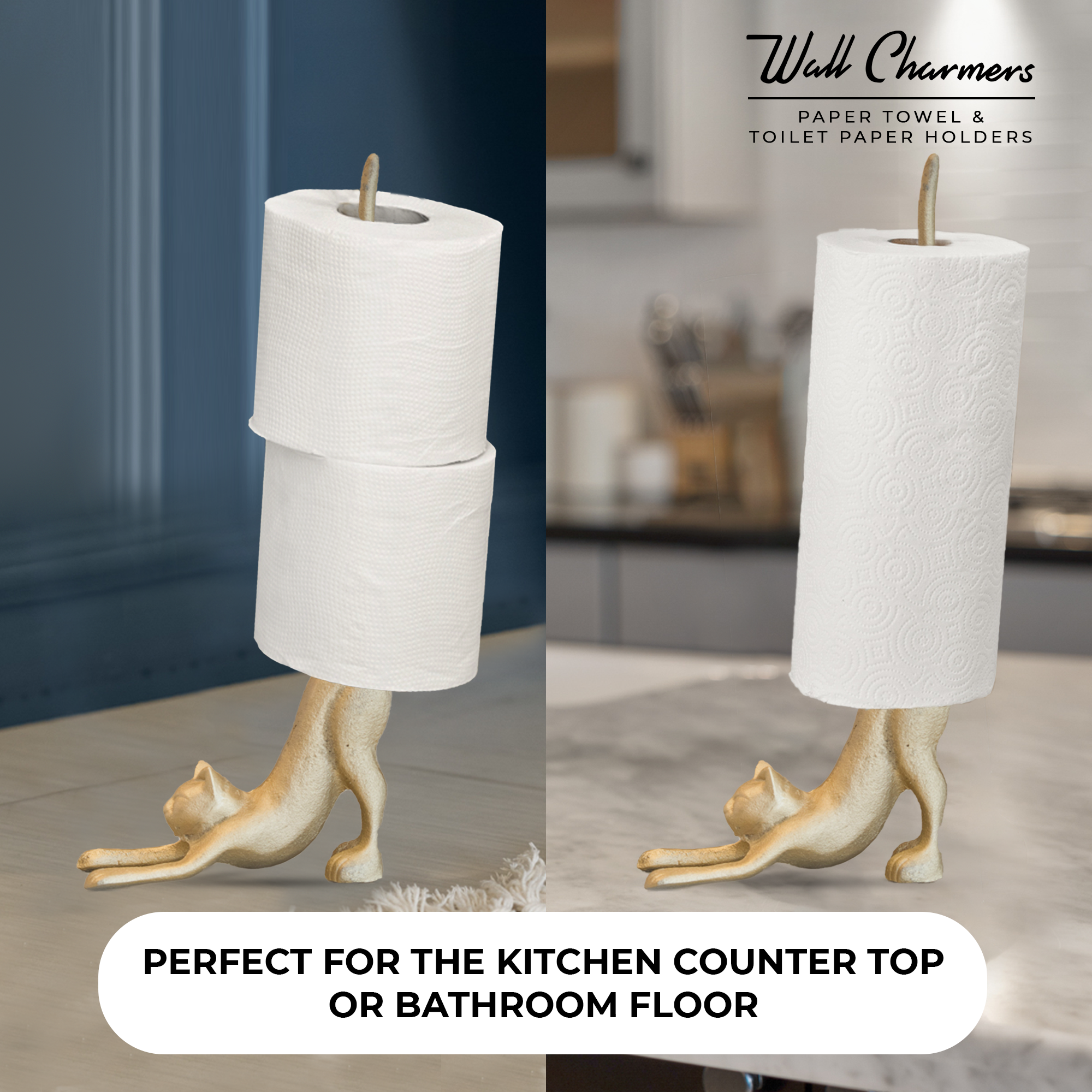 Gold Cat Paper Towel Holder & Toilet Paper Stand - 17' Gusseisen Freistehende Küche & Badezimmer Dekor, schwere No-Tip Holder