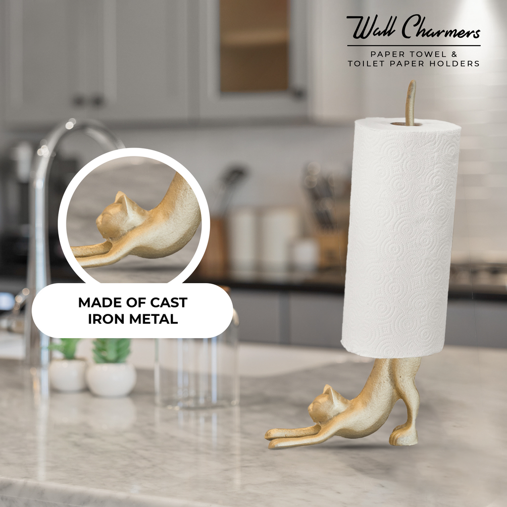 Gold Cat Paper Towel Holder & Toilet Paper Stand - 17' Gusseisen Freistehende Küche & Badezimmer Dekor, schwere No-Tip Holder