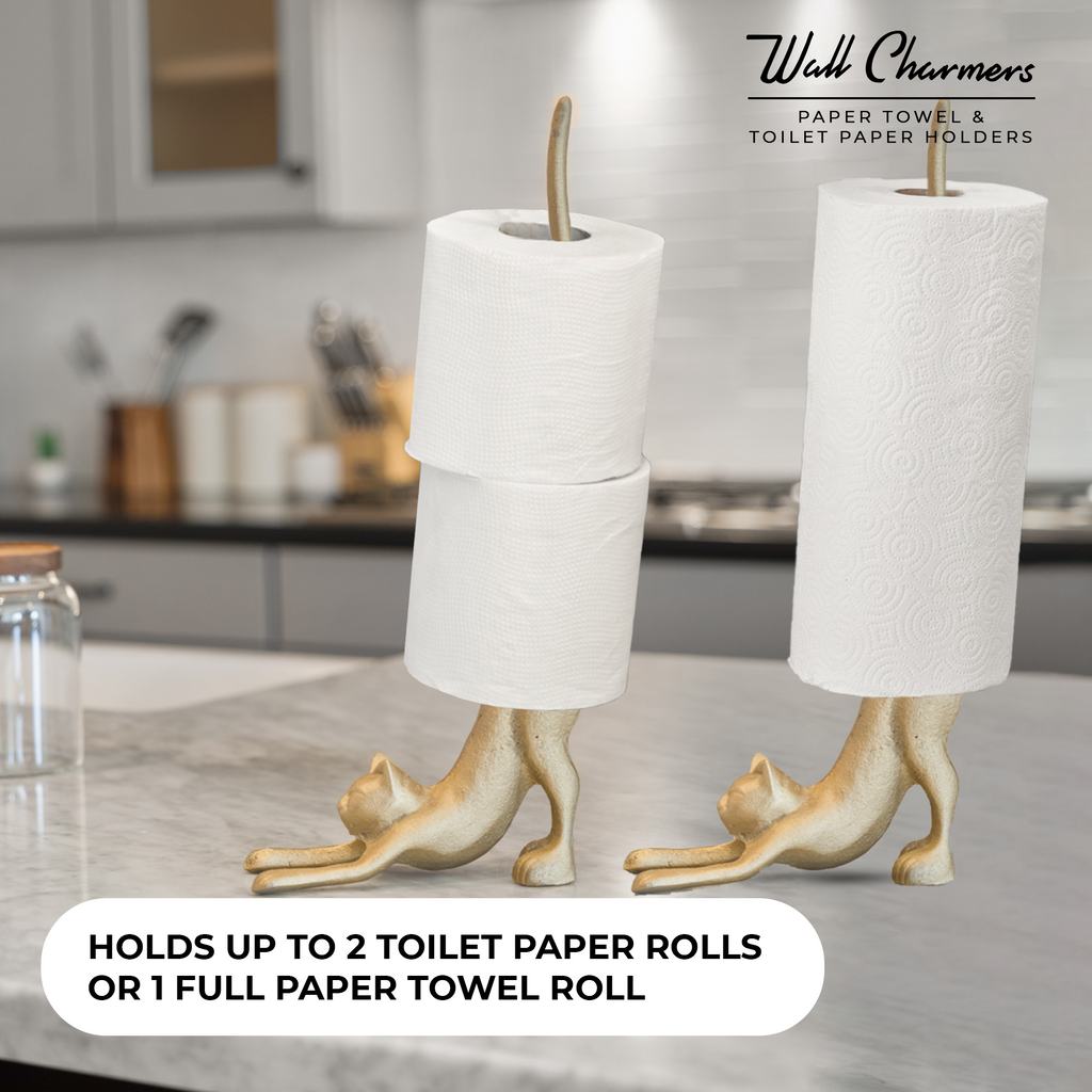 Gold Cat Paper Towel Holder & Toilet Paper Stand - 17' Gusseisen Freistehende Küche & Badezimmer Dekor, schwere No-Tip Holder