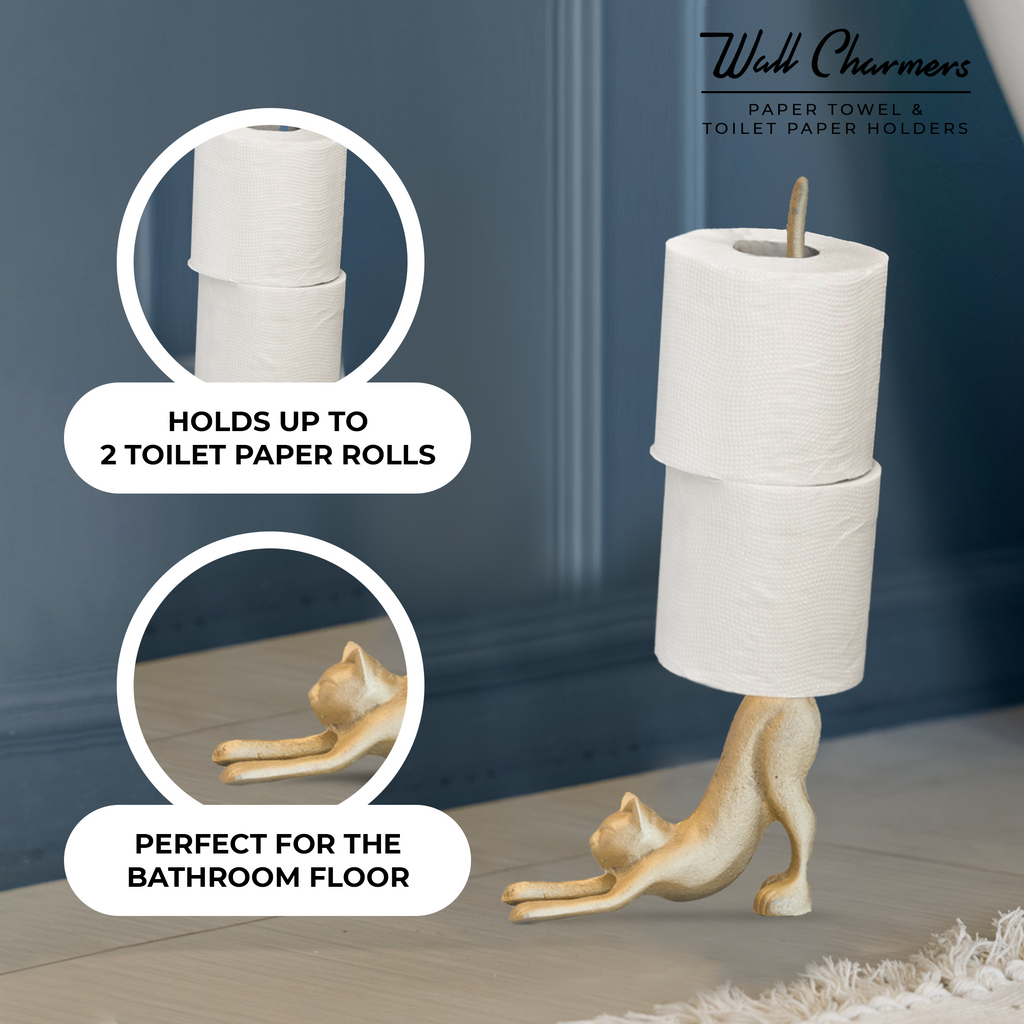 Gold Cat Paper Towel Holder & Toilet Paper Stand - 17' Gusseisen Freistehende Küche & Badezimmer Dekor, schwere No-Tip Holder