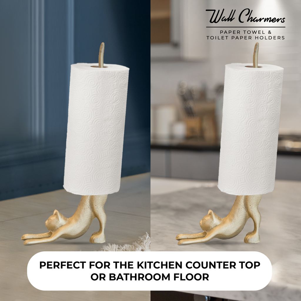 Gold Cat Paper Towel Holder & Toilet Paper Stand - 17' Gusseisen Freistehende Küche & Badezimmer Dekor, schwere No-Tip Holder
