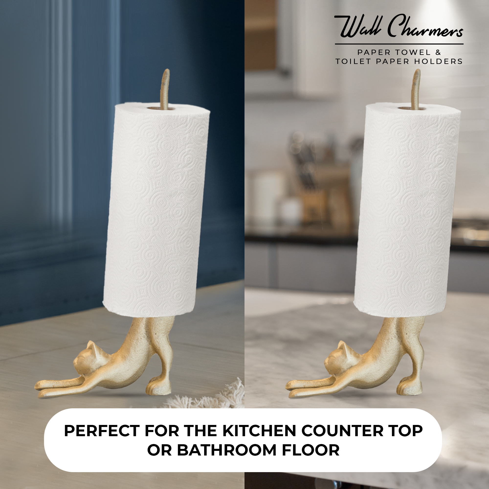 Gold Cat Paper Towel Holder & Toilet Paper Stand - 17' Gusseisen Freistehende Küche & Badezimmer Dekor, schwere No-Tip Holder