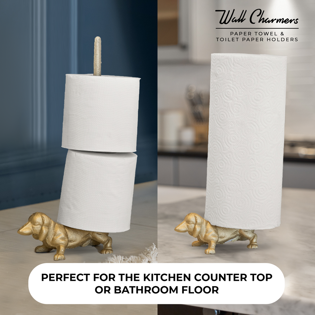Gold Dackel Papier Handtuchhalter & Toilettenpapierständer - 12' Gusseisen Freistehendes Hundedekor für Küche & Badezimmer, schweres No-Tip