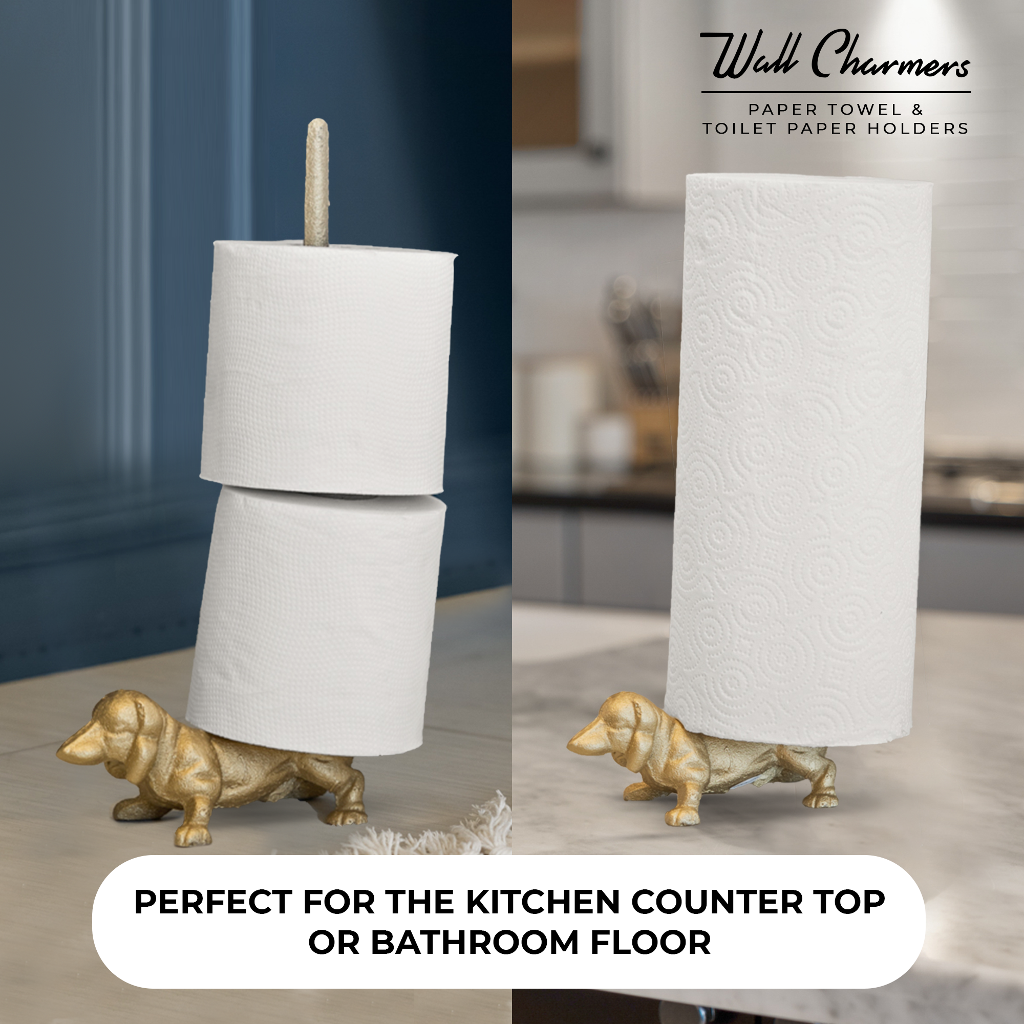 Gold Dackel Papier Handtuchhalter & Toilettenpapierständer - 12' Gusseisen Freistehendes Hundedekor für Küche & Badezimmer, schweres No-Tip