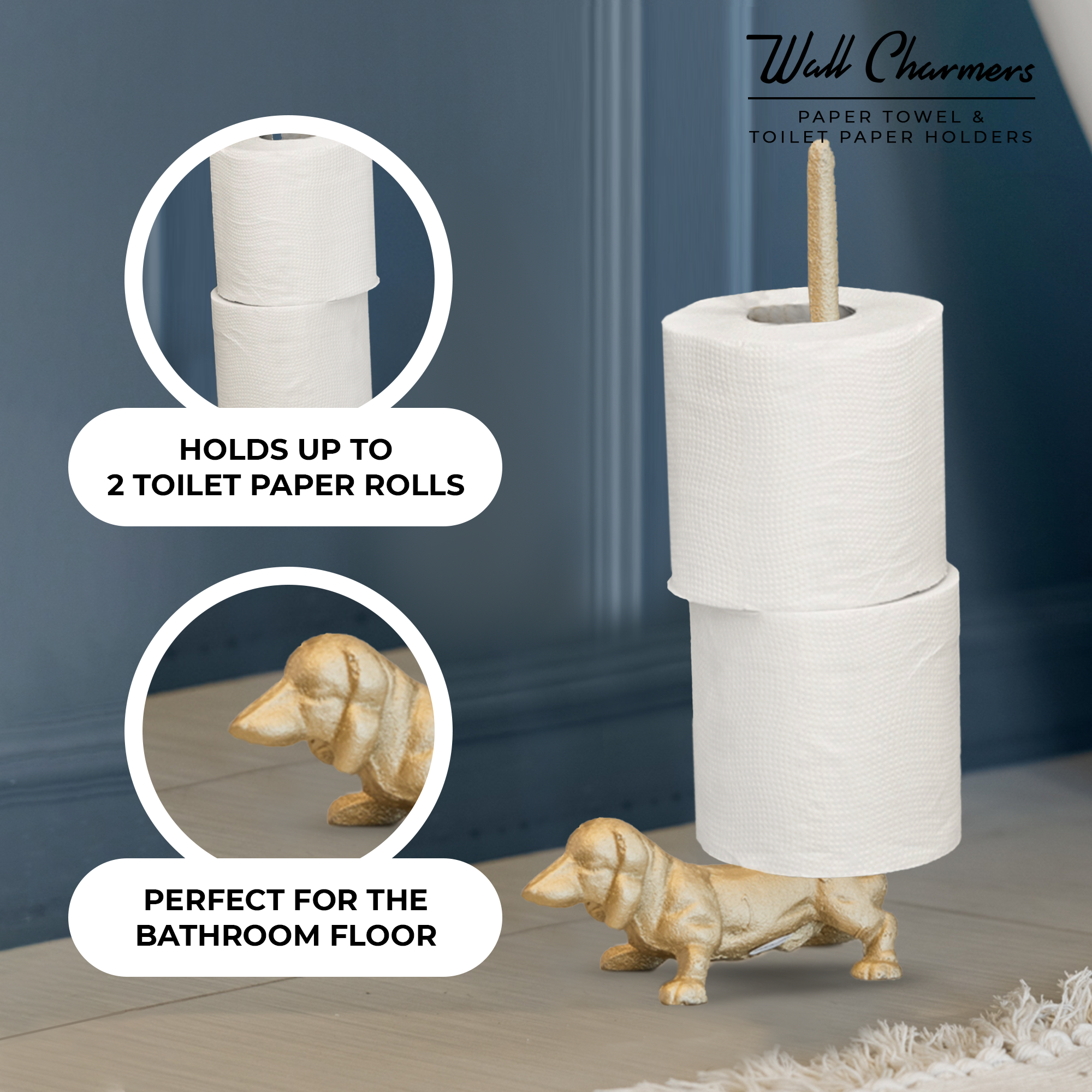 Gold Dackel Papier Handtuchhalter & Toilettenpapierständer - 12' Gusseisen Freistehendes Hundedekor für Küche & Badezimmer, schweres No-Tip