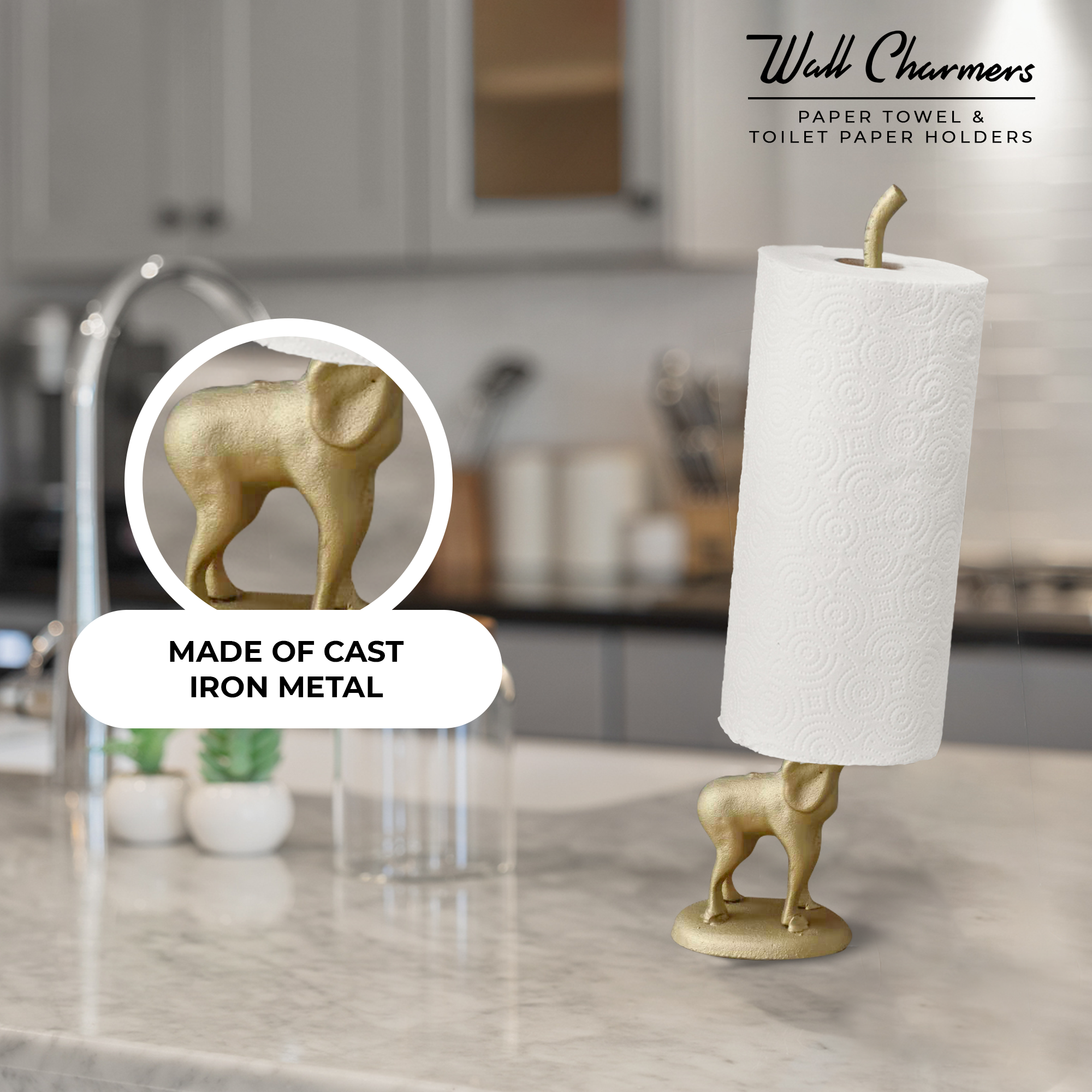Gold Elephant Paper Towel Holder & Toilet Paper Stand - 17' Gusseisen Freistehende Küche & Badezimmer Dekor, Heavy No-Tip Holder