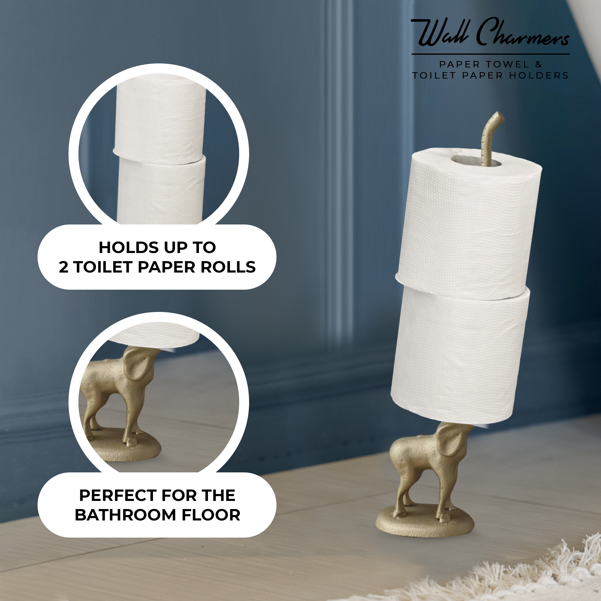 Gold Elephant Paper Towel Holder & Toilet Paper Stand - 17' Gusseisen Freistehende Küche & Badezimmer Dekor, Heavy No-Tip Holder