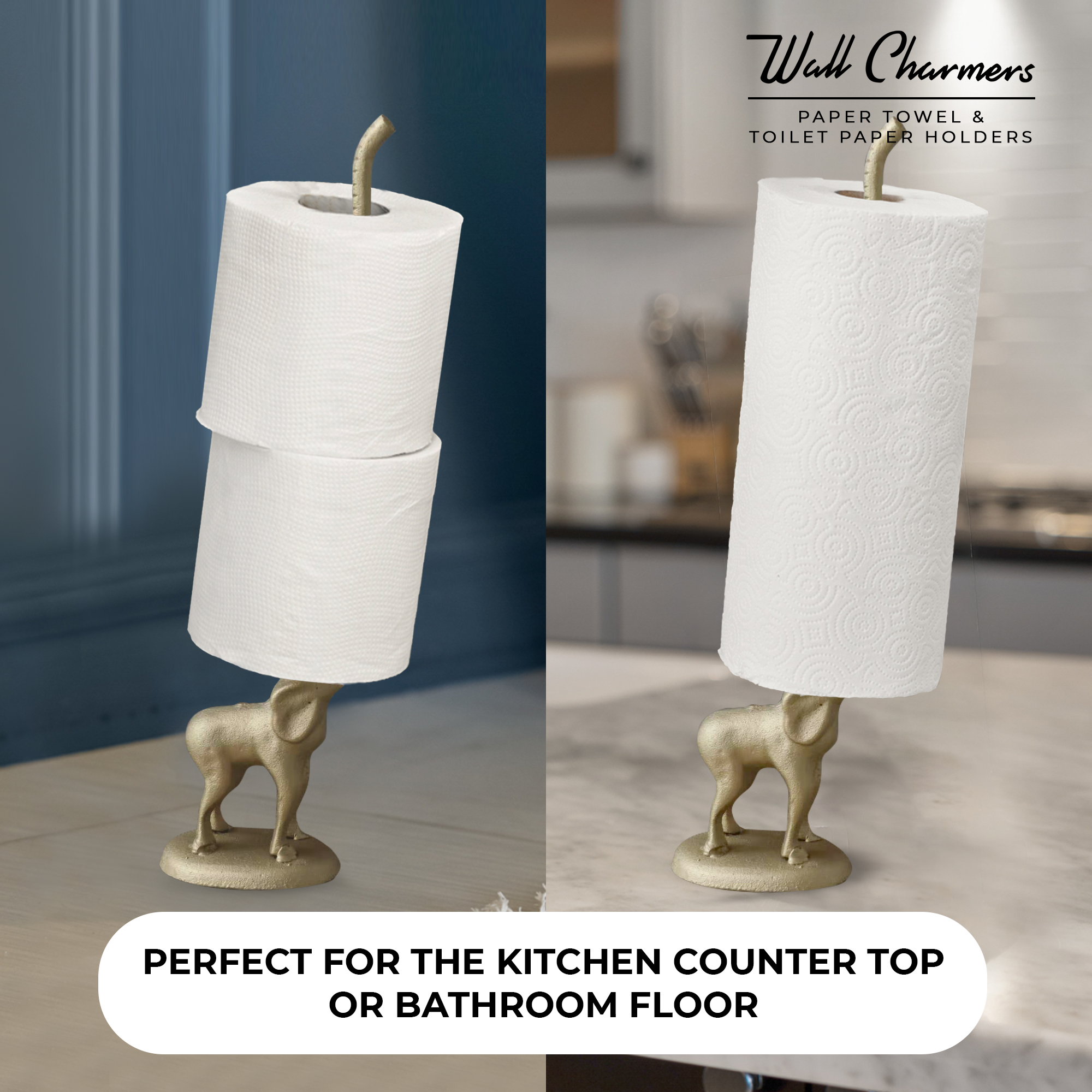 Gold Elephant Paper Towel Holder & Toilet Paper Stand - 17' Gusseisen Freistehende Küche & Badezimmer Dekor, Heavy No-Tip Holder