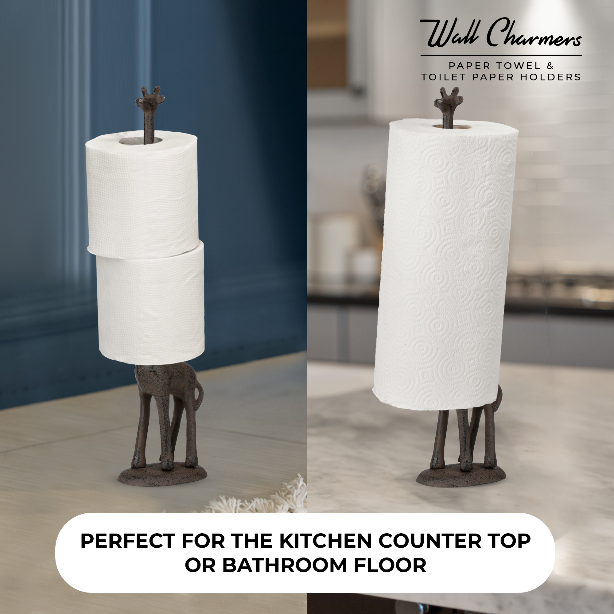 Rustic Giraffe Paper Towel Holder & Toilet Paper Stand - 16.5' Gusseisen Freistehende Küche & Badezimmer Dekor, schwere No-Tip Holder