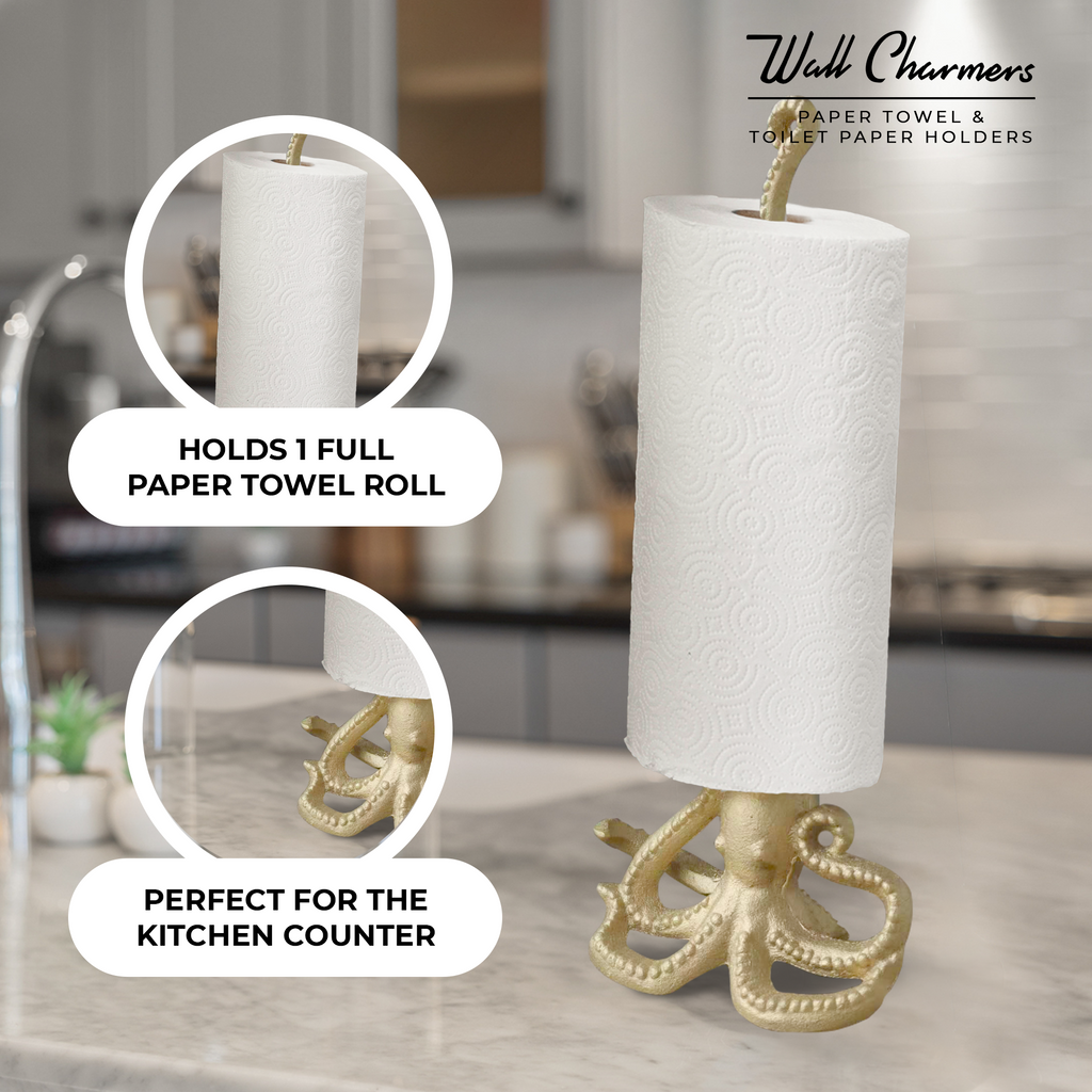 Gold Octopus Paper Towel Holder & Toilet Paper Stand - 16.5' Gusseisen Freistehende Küche & Badezimmer Dekor, schwere No-Tip Holder