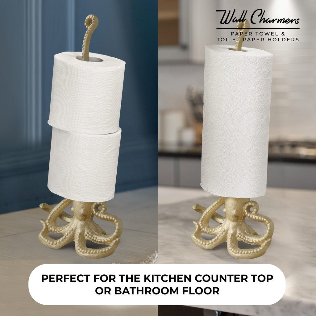 Gold Octopus Paper Towel Holder & Toilet Paper Stand - 16.5' Gusseisen Freistehende Küche & Badezimmer Dekor, schwere No-Tip Holder