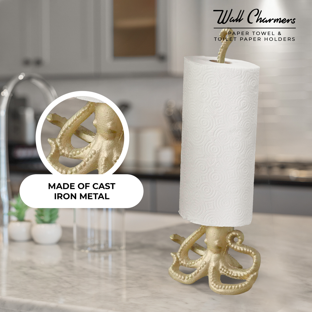 Gold Octopus Paper Towel Holder & Toilet Paper Stand - 16.5' Gusseisen Freistehende Küche & Badezimmer Dekor, schwere No-Tip Holder