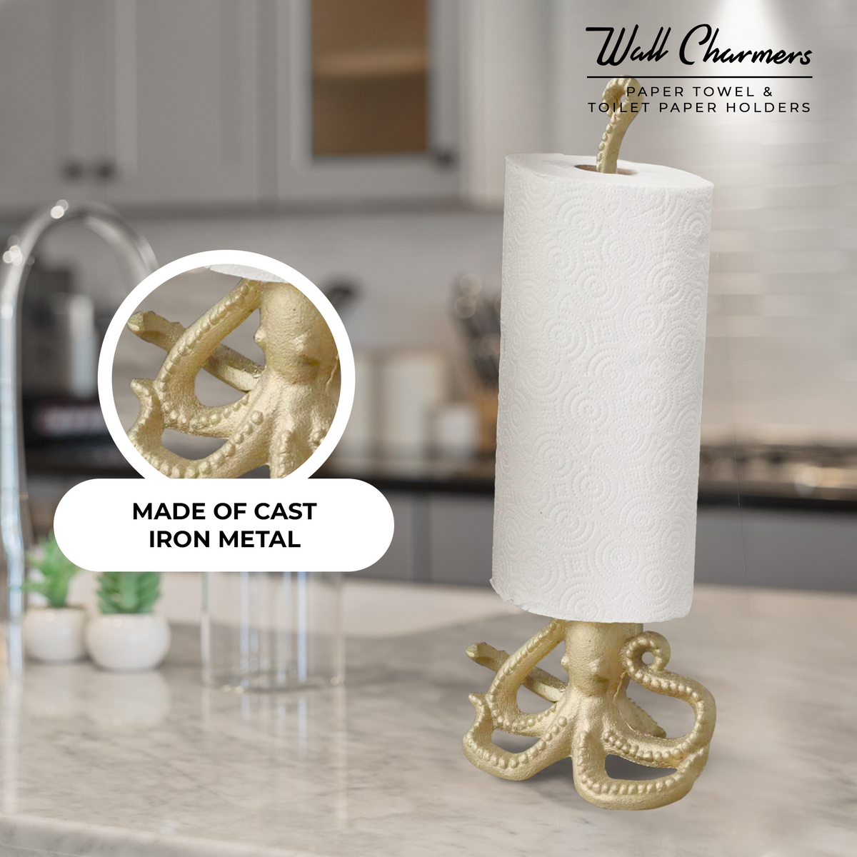 Gold Octopus Paper Towel Holder & Toilet Paper Stand - 16.5' Gusseisen Freistehende Küche & Badezimmer Dekor, schwere No-Tip Holder