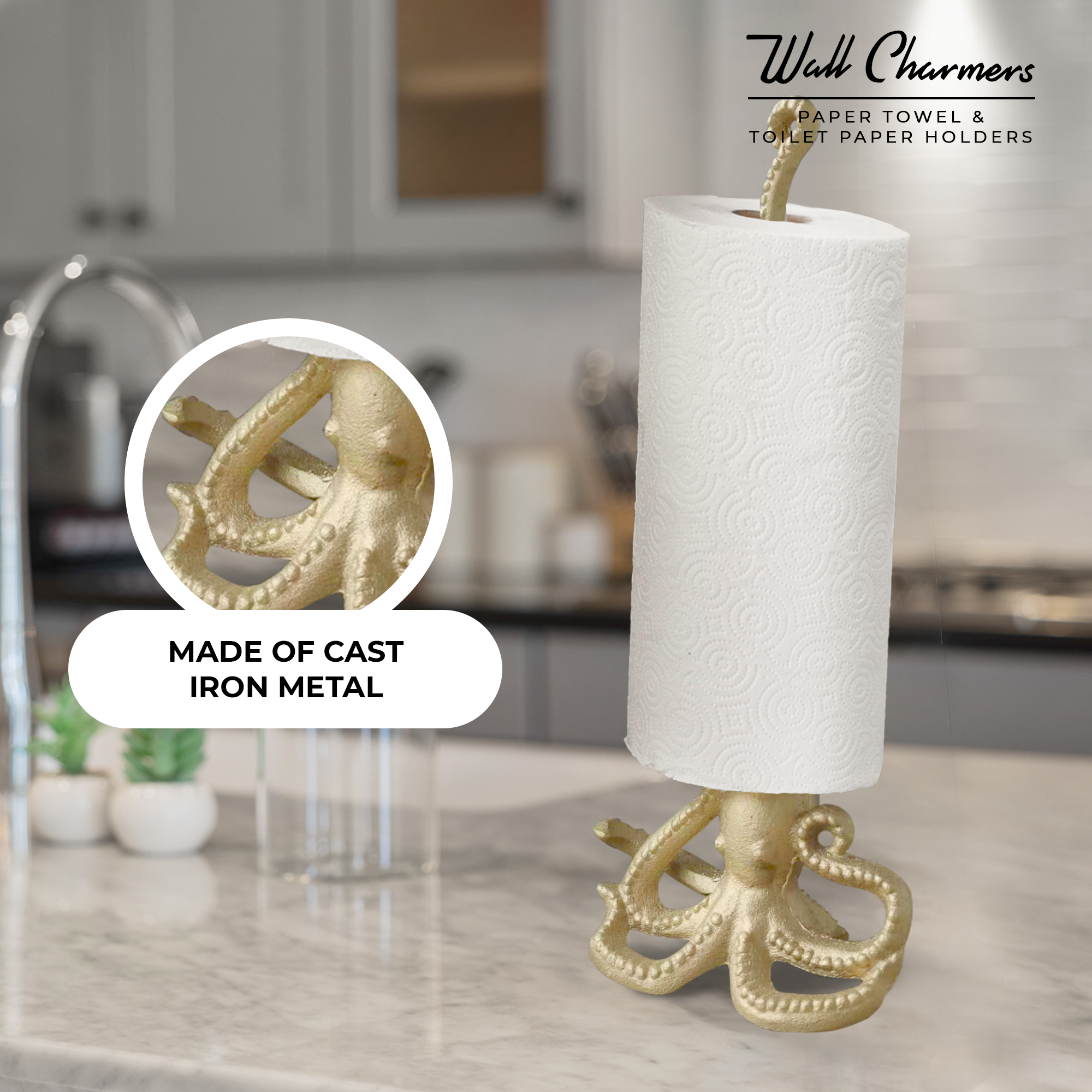 Gold Octopus Paper Towel Holder & Toilet Paper Stand - 16.5' Gusseisen Freistehende Küche & Badezimmer Dekor, schwere No-Tip Holder