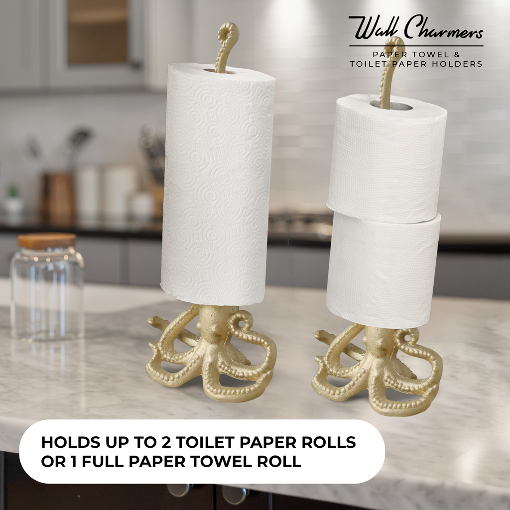 Gold Octopus Paper Towel Holder & Toilet Paper Stand - 16.5' Gusseisen Freistehende Küche & Badezimmer Dekor, schwere No-Tip Holder
