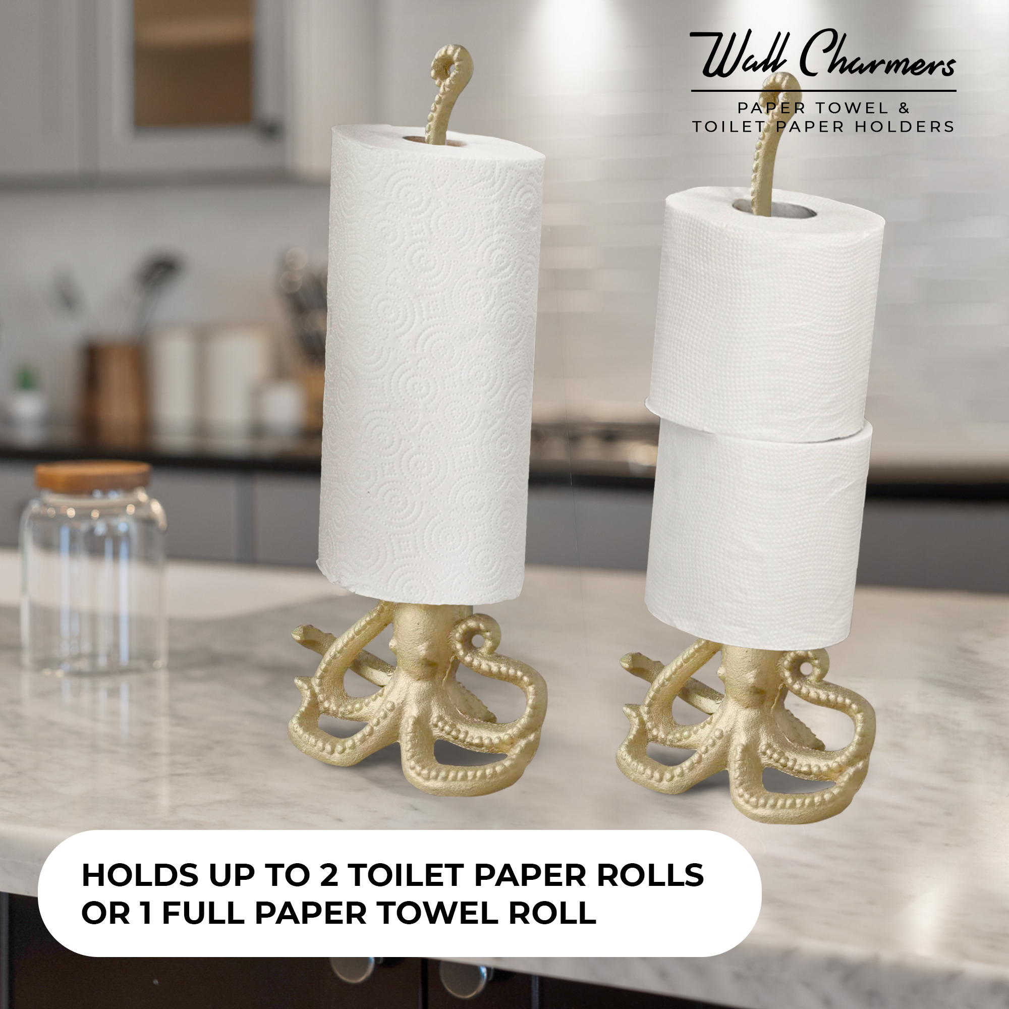 Gold Octopus Paper Towel Holder & Toilet Paper Stand - 16.5' Gusseisen Freistehende Küche & Badezimmer Dekor, schwere No-Tip Holder