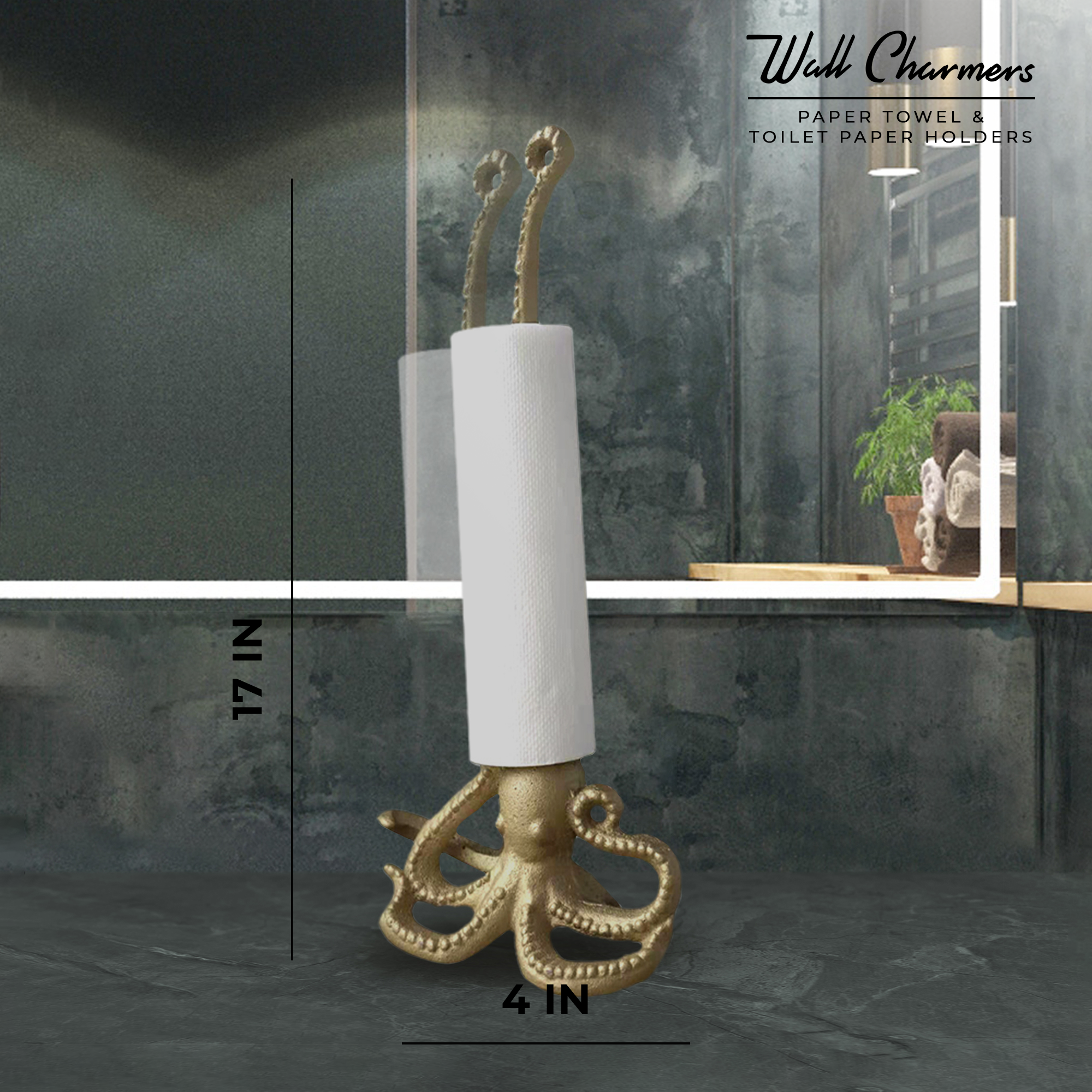 Gold Octopus Paper Towel Holder & Toilet Paper Stand - 16.5' Gusseisen Freistehende Küche & Badezimmer Dekor, schwere No-Tip Holder