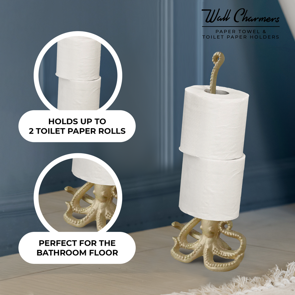 Gold Octopus Paper Towel Holder & Toilet Paper Stand - 16.5' Gusseisen Freistehende Küche & Badezimmer Dekor, schwere No-Tip Holder